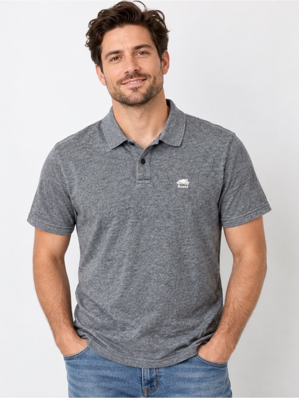 Roots Canada Polo Shirt Mens Large Chest Logo Heathered Gray Short Sleeve